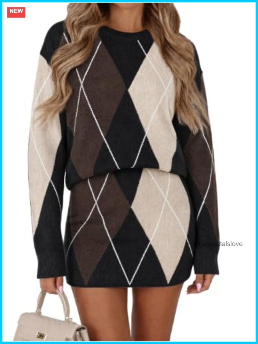 Womens 2 Piece Plaid Skirt Set Color Block Knit Sweater Set Casual Fall